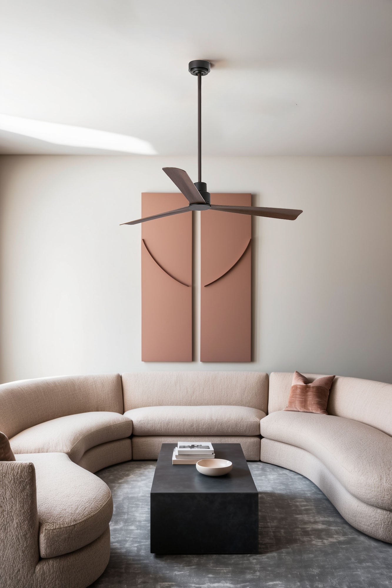 Ventilador de techo Nassau M marrón WIZ de FARO modelo 33478WW en ambiente hogareño, sin luz, acero y plywood, con mando a distancia, función inversa y motor DC para ventilación eficiente en hogar u oficina