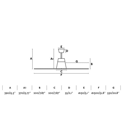 Ventilador de techo TYPHOON M blanco IP44 de FARO modelo 33480, dimensiones y medidas detalladas para techos inclinados, motor DC con 6 velocidades y mando a distancia, ideal para ventilación en exteriores y confort en el hogar.