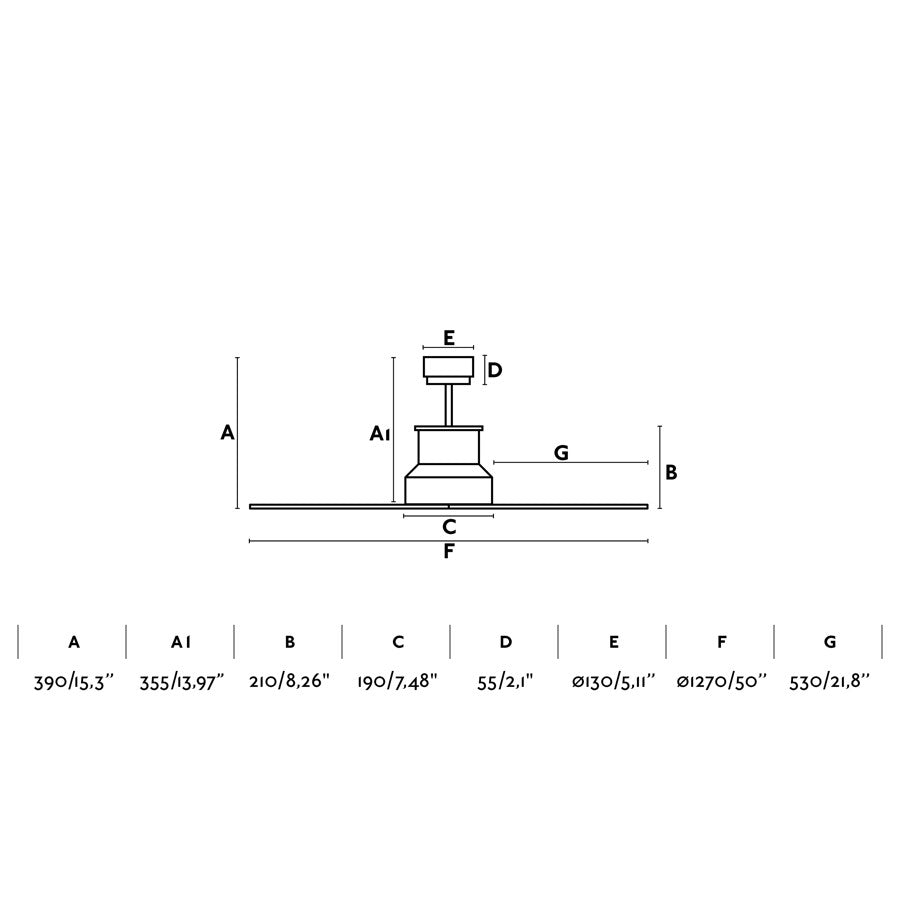 Ventilador de techo WINCHE M en negro y marrón IP44 de Faro Barcelona (modelo 33481), imagen con medidas detalladas para instalación exterior con motor DC, mando a distancia y función inversa