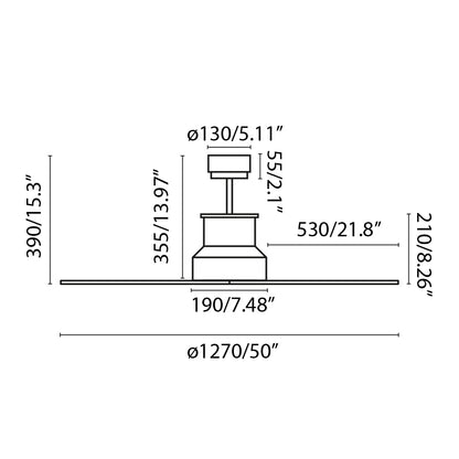 Diagrama de medidas del ventilador de techo LED Winche M negro/marrón FARO 33481WW-7, dimensiones para instalación en techos inclinados con motor DC, IP44, luz integrada, mando a distancia y ventilación eficiente