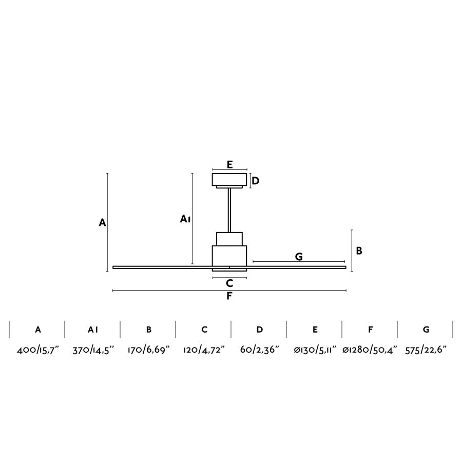 Alt text: Diagrama de medidas detalladas del Ventilador de Techo NASSAU M Blanco de FARO (modelo 33487), con dimensiones en altura, diámetro de aspas de plywood, altura mínima y máxima para techos inclinados, motor DC en acero blanco mate, compatible con función inversa y mando a distancia para ventilación eficiente en el hogar.