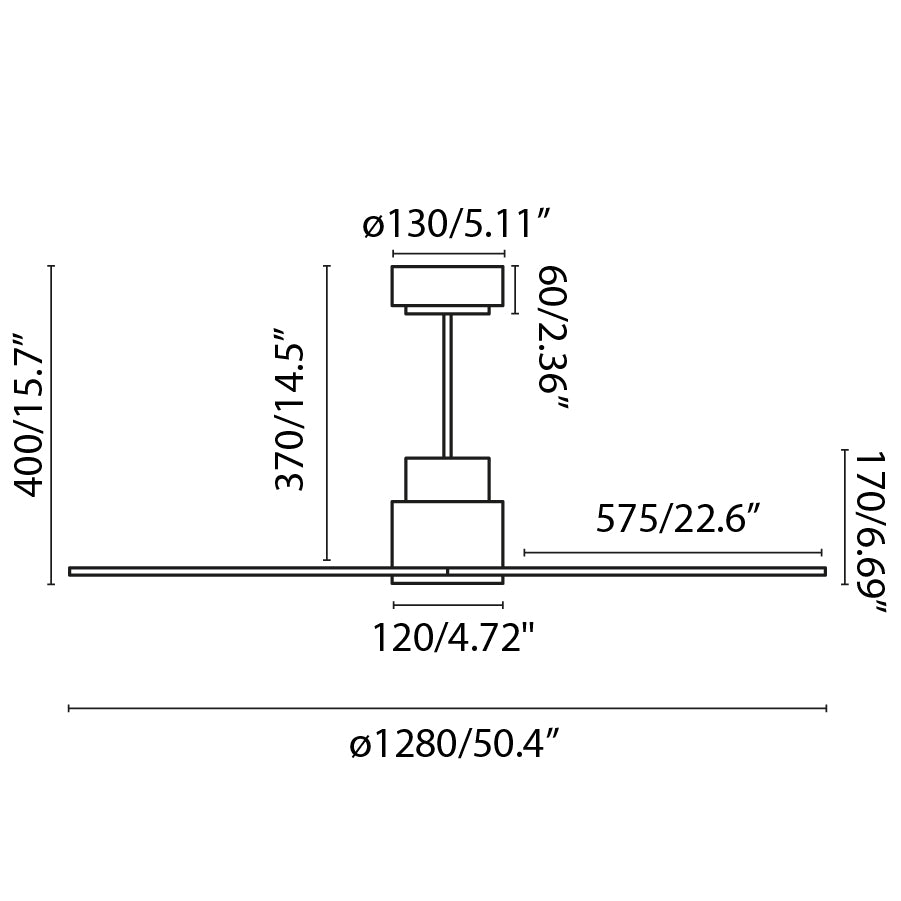 Diagrama de medidas y dimensiones del ventilador de techo Nassau M en blanco mate WIZ de Faro modelo 33487WW, con motor DC silencioso, función inversa reversible y mando a distancia para ventilación eficiente en el hogar