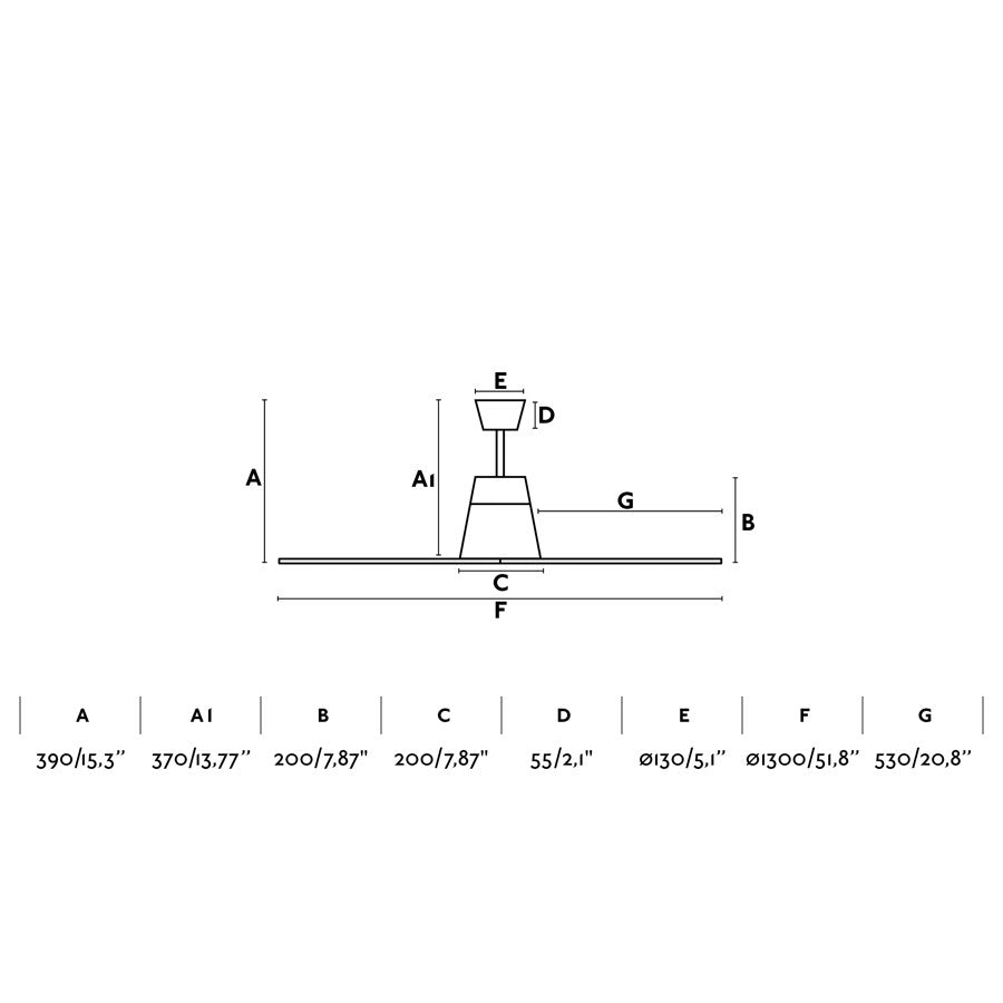Ventilador de techo TYPHOON M en color marrón de FARO, modelo 33490 con protección IP44 para exteriores. Diagrama detallado de medidas y dimensiones para techos inclinados, ventilación eficiente con motor DC y mando a distancia incluido. Colección 3335.