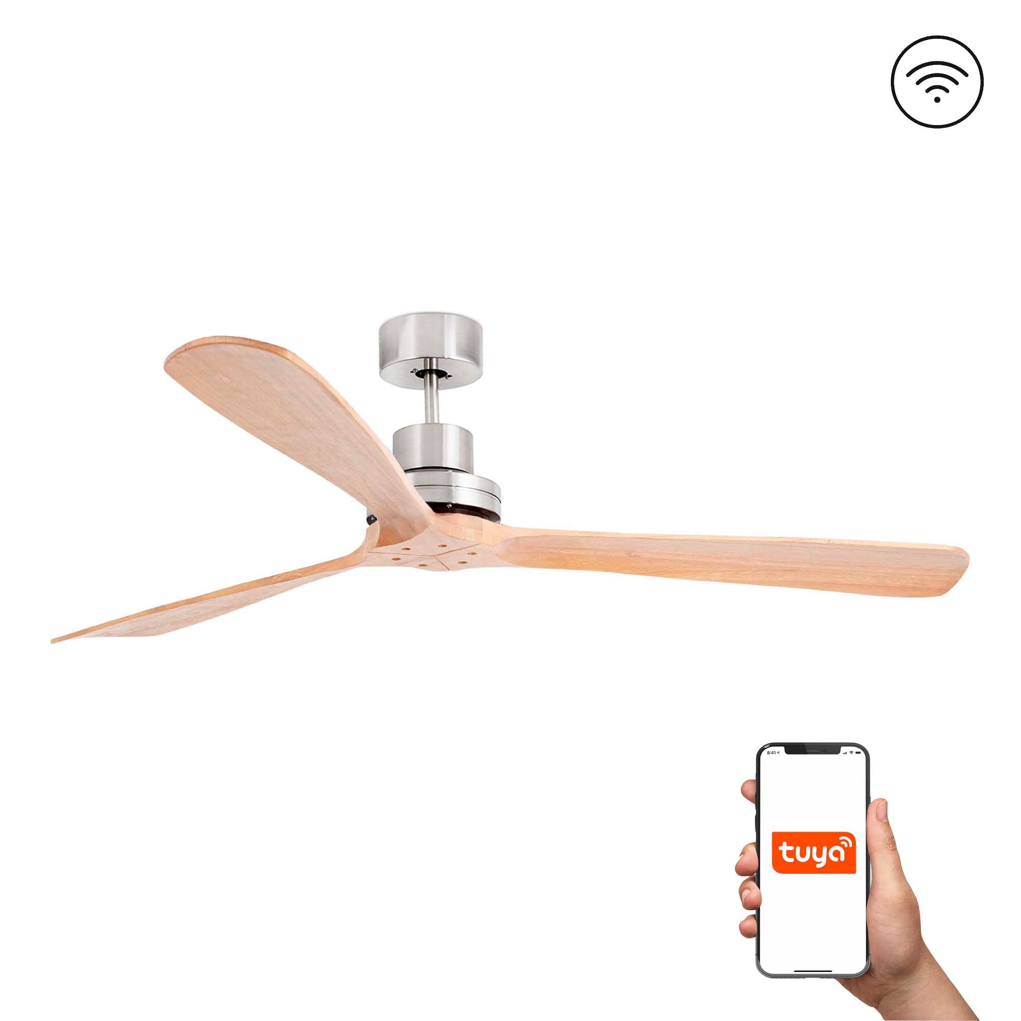 Ventilador de techo LANTAU XL en níquel mate y pino natural, compatible con TUYA Smart, motor DC reversible, ventilación sin luz, modelo FARO 33504DCWT