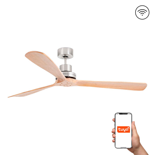 Ventilador de techo LANTAU XL en níquel mate y pino natural, compatible con TUYA Smart, motor DC reversible, ventilación sin luz, modelo FARO 33504DCWT