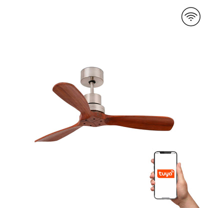 Ventilador de techo MINI LANTAU S níquel mate con palas de nogal, modelo 33508DCWT de FARO, motor DC sin luz, compatible con Smart Tuya para ventilación eficiente en el hogar.
