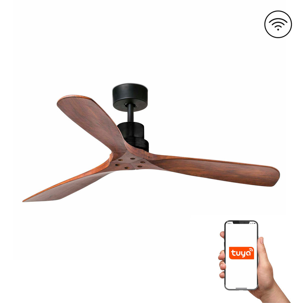 Ventilador de techo Lantau L negro mate con acabado nogal de Faro, modelo 33516DCWT, motor DC sin luz, smart Tuya para ventilación en hogar moderno