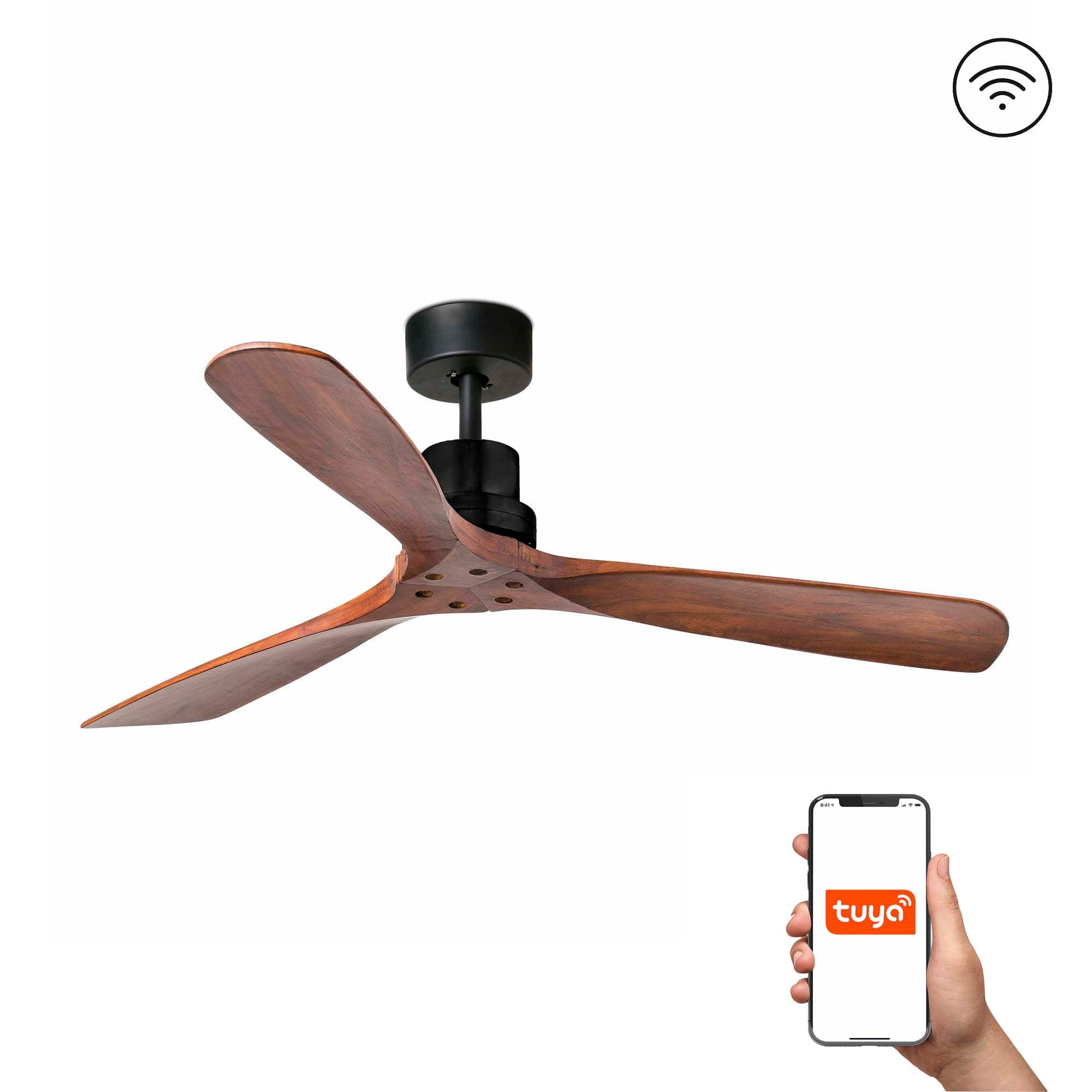 Ventilador de techo Lantau L negro mate con acabado nogal de Faro, modelo 33516DCWT, motor DC sin luz, smart Tuya para ventilación en hogar moderno