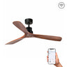 Ventilador de techo LANTAU L negro mate con aspas de nogal, modelo FARO 33516DCWW, motor DC, madera de pino, mando a distancia y función inversa para ventilación eficiente.