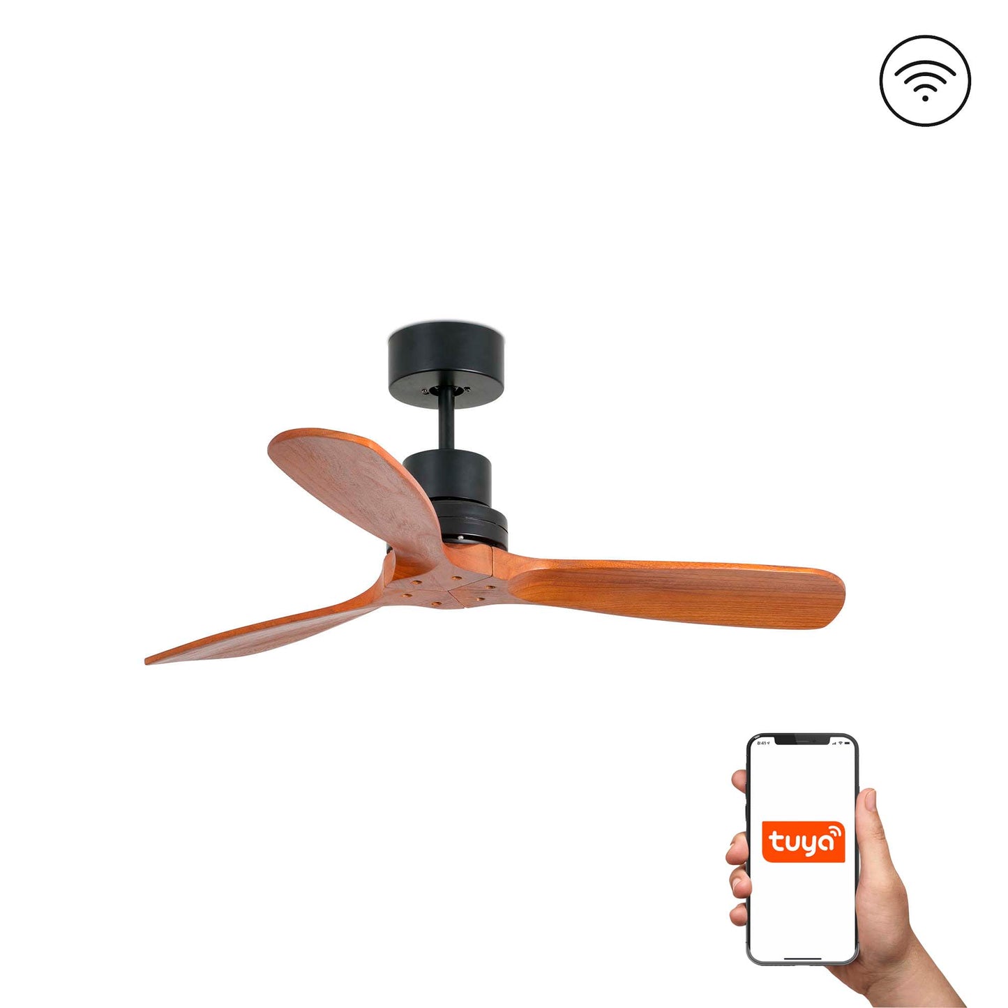 Ventilador de techo mini Lantau S negro mate con palas de nogal FARO 33517DCWT, motor DC smart Tuya para ventilación en hogar inteligente