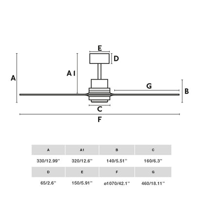 Diagrama de medidas del ventilador de techo Mini Lantau S negro mate/nogal FARO 33517DCWT con motor DC, palas de madera y compatibilidad smart Tuya para hogar inteligente.