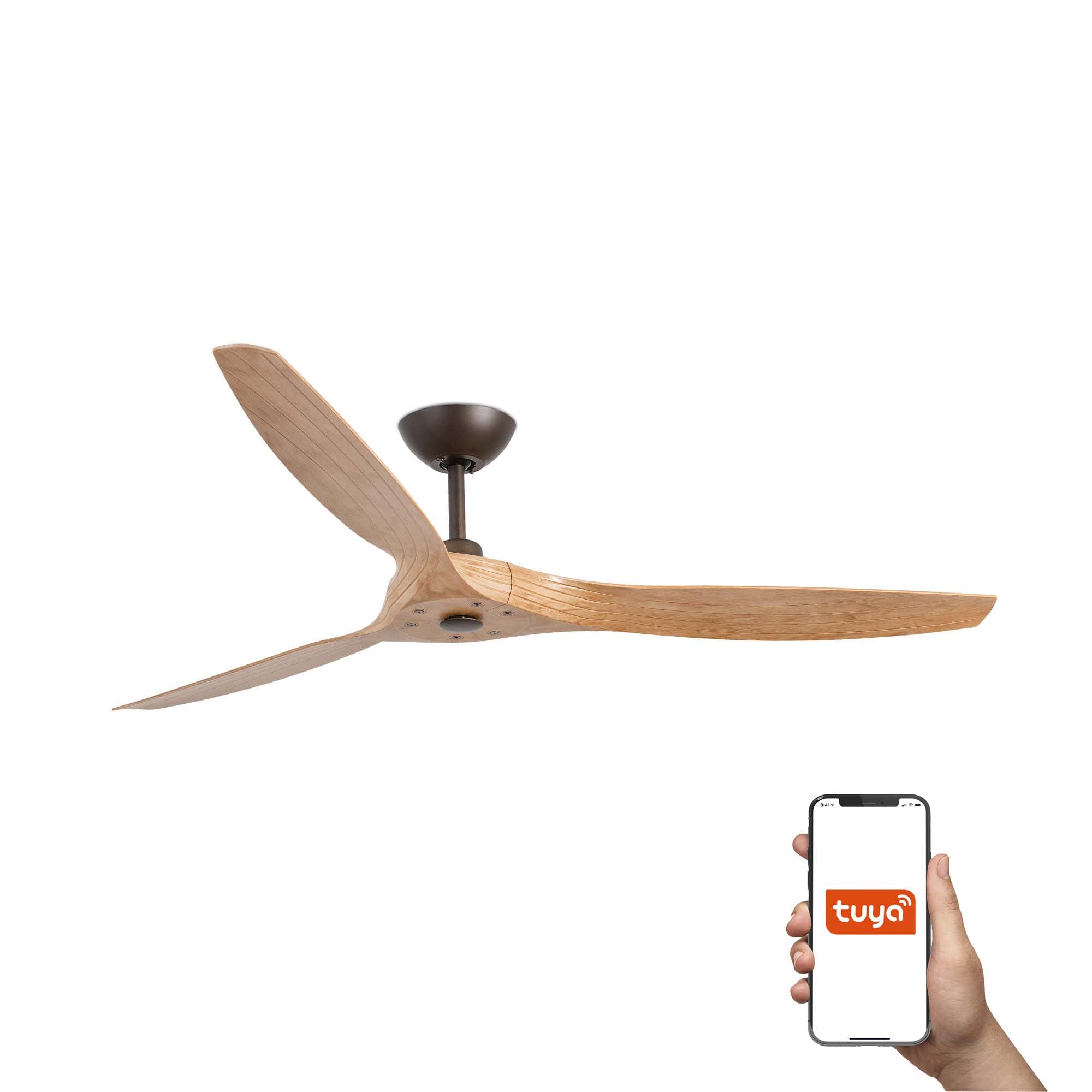 Ventilador de techo MOREA L marrón claro TUYA con motor DC reversible, palas arce, mando a distancia y ventilación smart - FARO 33519WT