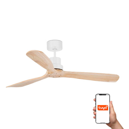 Ventilador de techo Lantau L blanco y pino de FARO, modelo 33561DCWT de la colección 3337, motor DC silencioso y compatible con TUYA para hogar inteligente.