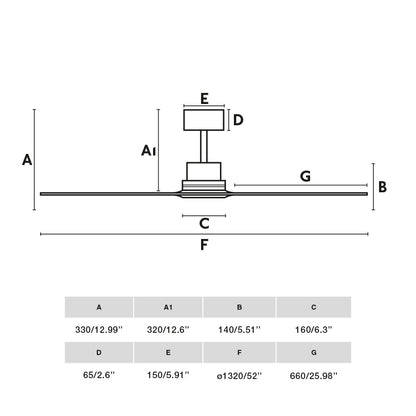 Diagrama de medidas del Ventilador de Techo Lantau L Blanco/Pino FARO 33561DCWW, ventilador DC sin luz con mando a distancia y función inversa para hogar.