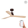 Ventilador de techo LANTAU L modelo 33562DCWW de FARO en marrón con detalles en pino paulownia, motor DC silencioso, mando a distancia y función inversa para ventilación eficiente en el hogar.