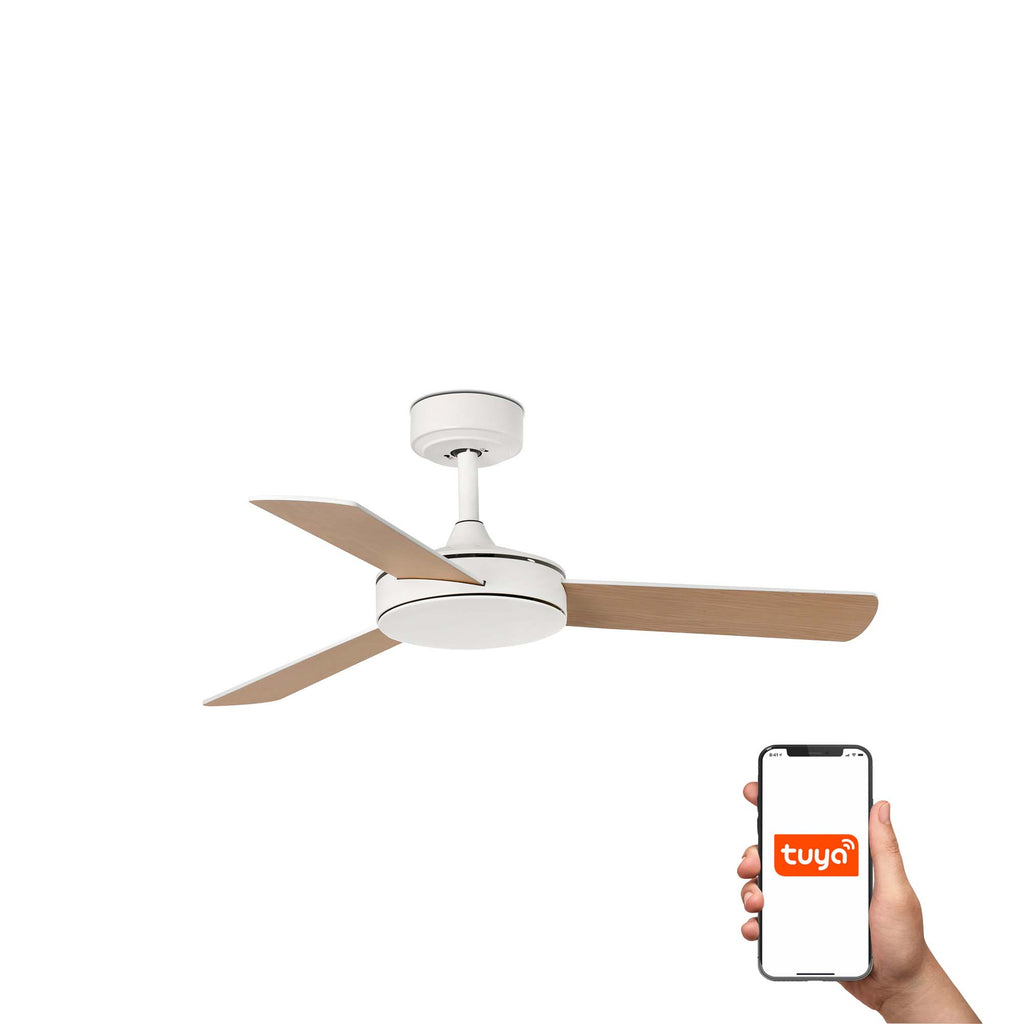 Ventilador de techo MINI MALLORCA S blanco y arce FARO 33603DCWT con motor DC, compatible Tuya Smart, control remoto para ventilación hogareña en verano