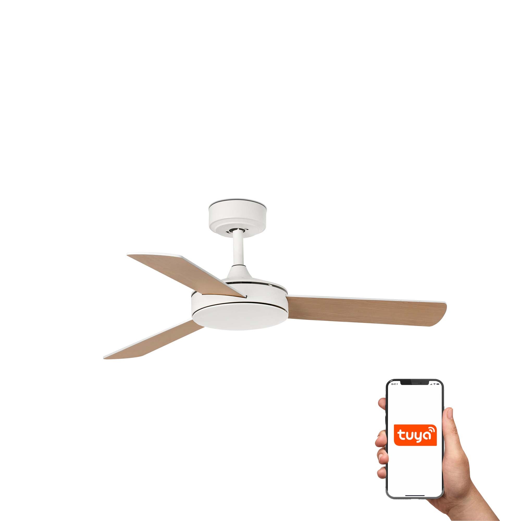 Ventilador de techo MINI MALLORCA S blanco y arce FARO 33603DCWT con motor DC, compatible Tuya Smart, control remoto para ventilación hogareña en verano