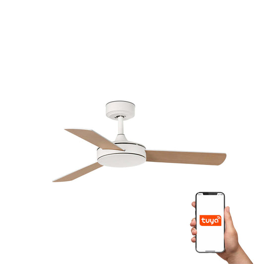 Ventilador de techo MINI MALLORCA S blanco y arce FARO 33603DCWT con motor DC, compatible Tuya Smart, control remoto para ventilación hogareña en verano