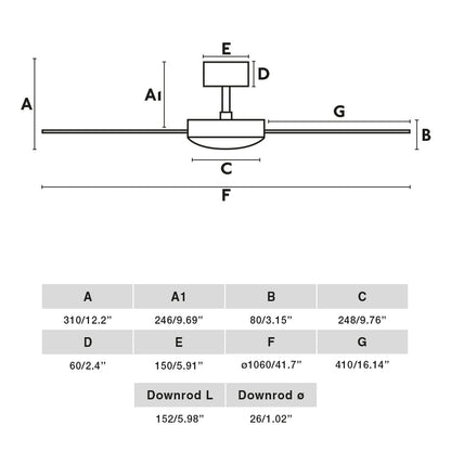 Medidas y dimensiones del ventilador de techo MINI MALLORCA S blanco mate/arce FARO 33603DCWW - ventilador sin luz, motor DC, mando a distancia, palas reversibles para techos inclinados y bajo consumo