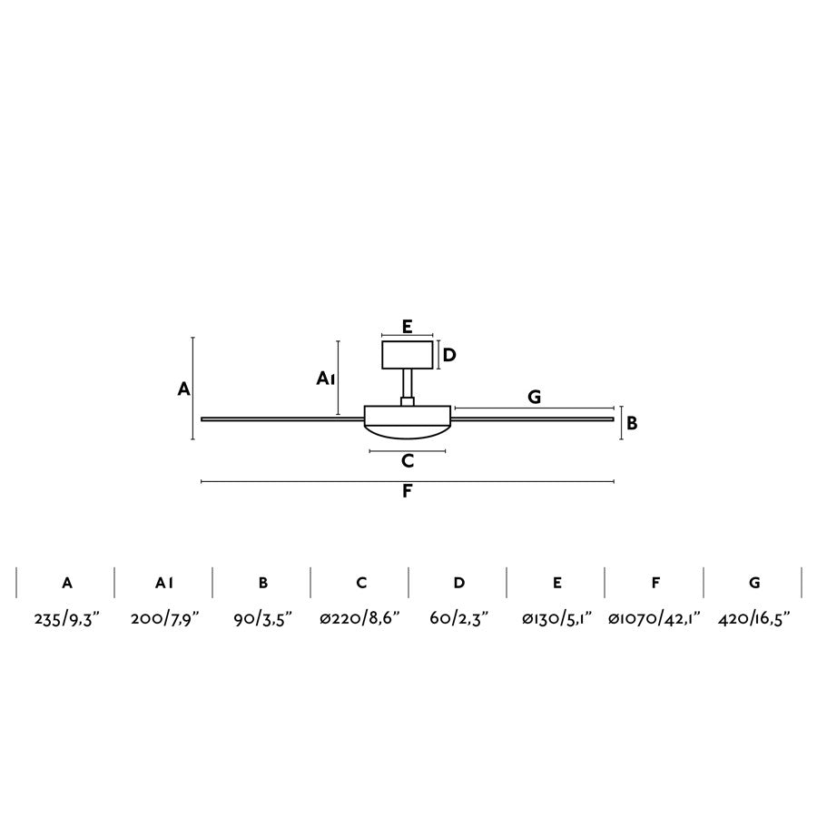 Ventilador de techo MINI MALLORCA S en marrón/roble de FARO modelo 33605-110: diagrama detallado de medidas para habitaciones pequeñas, compatible con techos inclinados, ventilación sin luz y mando a distancia, estructura en plywood de madera.