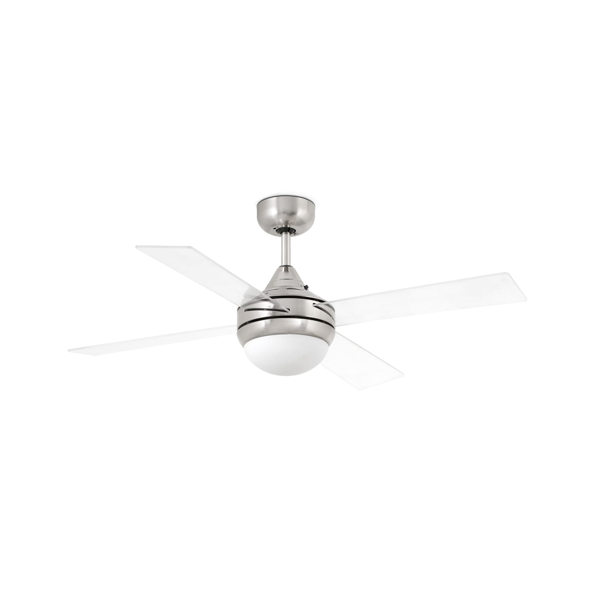 Ventilador de techo con luz MINI ICARIA S en níquel mate de FARO, modelo 33696-110 de la colección 3369, con palas transparentes para ventilación en estancias pequeñas y techos inclinados, incluye mando a distancia