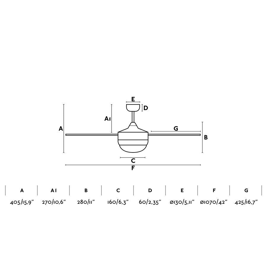 Ventilador de techo MINI ICARIA S Marrón Óxido/Roble modelo 33697-110 de FARO, dimensiones detalladas con aspas de madera roble, luz integrada y mando a distancia para ventilación reversible en techos inclinados.
