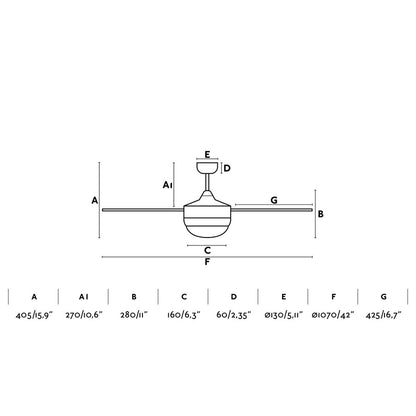 Ventilador de techo MINI ICARIA S Marrón Óxido/Roble modelo 33697-110 de FARO, dimensiones detalladas con aspas de madera roble, luz integrada y mando a distancia para ventilación reversible en techos inclinados.