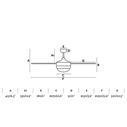 Diagrama de medidas detalladas del ventilador de techo con luz ICARIA L en aluminio y arce de FARO (modelo 33701-110), incluyendo diámetro de aspas, altura total, compatibilidad con techos inclinados, plywood y mando a distancia para ventilación óptima en habitaciones.