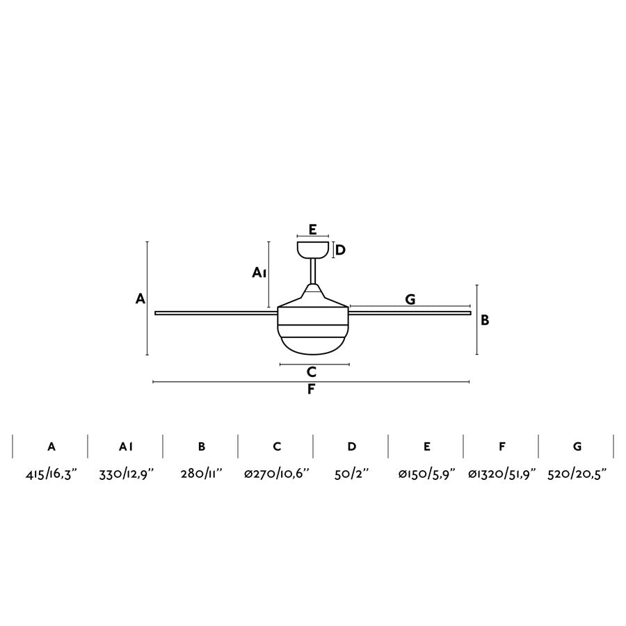 Diagrama de medidas detalladas del ventilador de techo con luz ICARIA L Marrón de FARO (modelo 33702-110), dimensiones en acero y plywood para techos inclinados, ventilación eficiente con mando a distancia, colección 3300