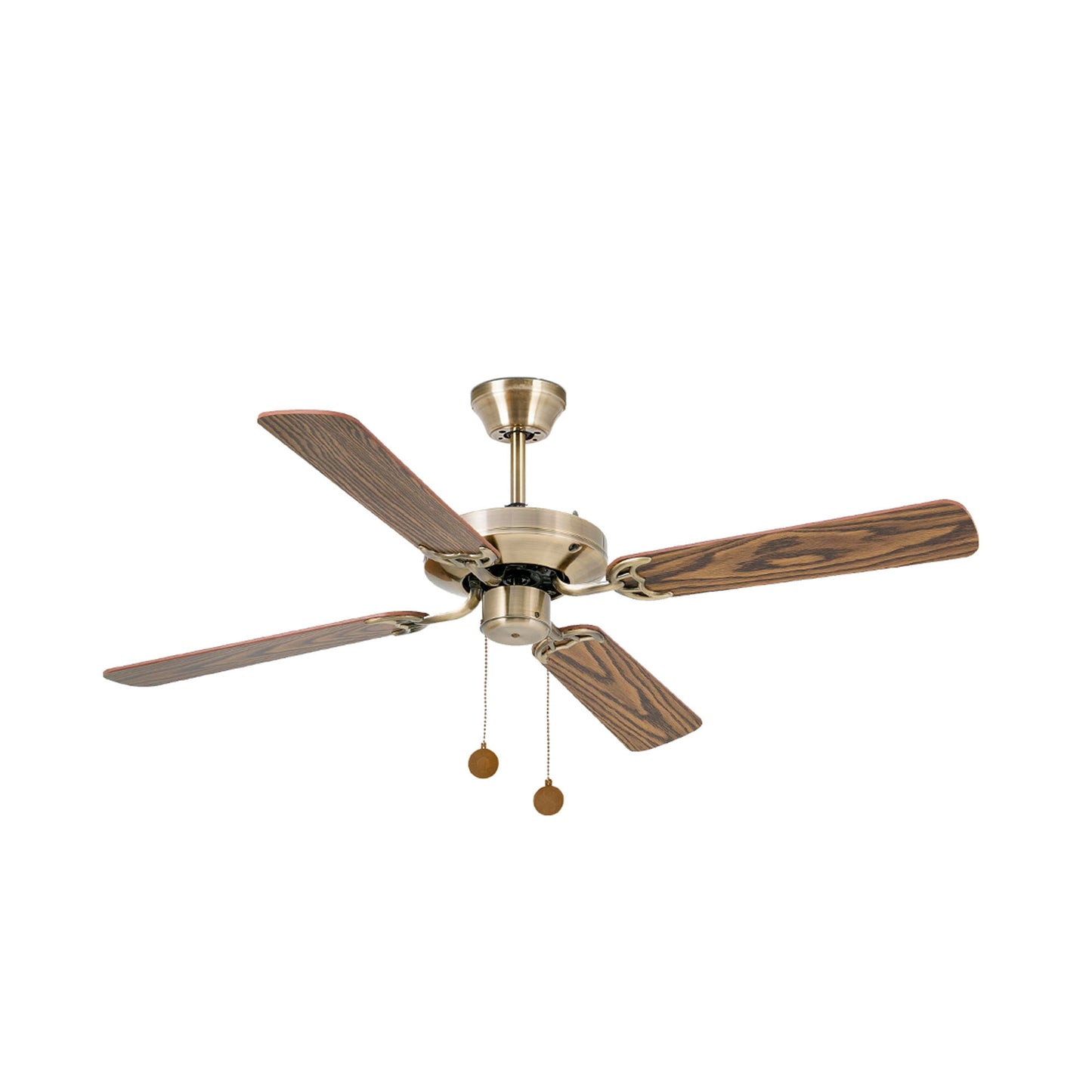 Ventilador de techo YAKARTA M en oro viejo con palas de madera roble, modelo FARO 33711-110, diseño colonial sin luz integrada, ideal para ventilación en techos inclinados con palas reversibles.