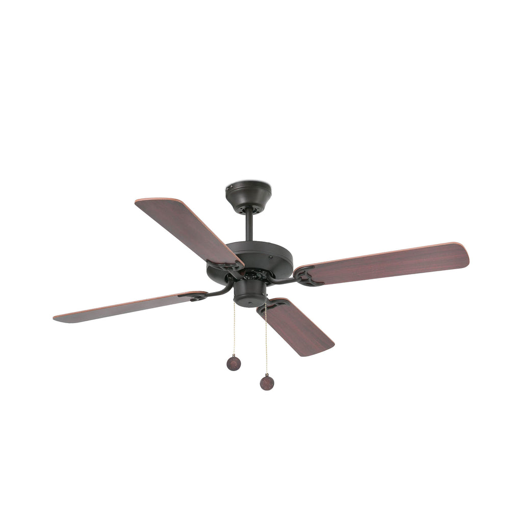 Ventilador de techo YAKARTA M en color marrón modelo 33713-110 de la marca FARO, diseño colonial sin luz integrada, fabricado en acero y plywood, ideal para techos inclinados con aspas reversibles y 3 velocidades para ventilación eficiente.