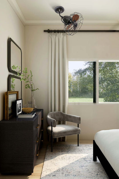 Ventilador de techo KEIKI S Marrón/Nogal modelo FARO 33715 en ambiente hogareño industrial retro, diseño sin luz para ventilación en estancias pequeñas con función inversa, acabado en madera de nogal y marrón elegante.