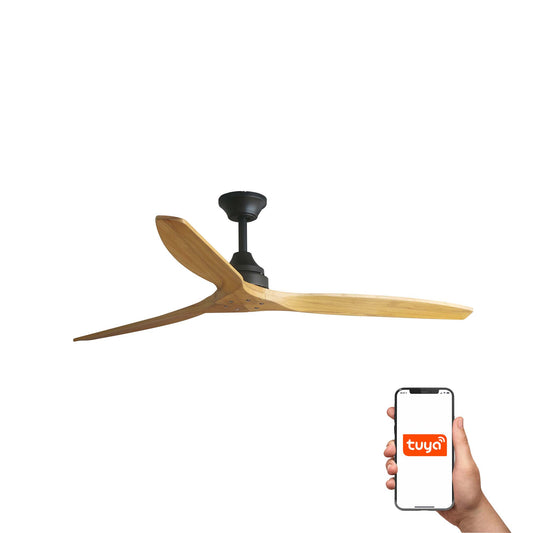 Ventilador de techo ALO L negro y madera TUYA de FARO modelo 33718DCWT, motor DC eficiente, control remoto incluido, ventilación smart para hogar inteligente sin luz