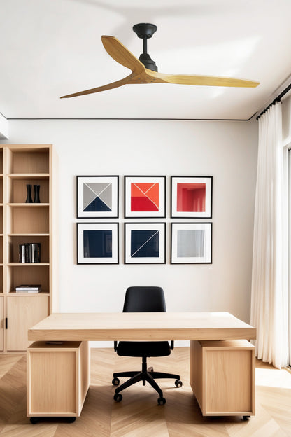 Ventilador de techo ALO L negro mate y madera arce WIZ FARO 33718DCWW en ambiente salón moderno, motor DC sin luz, 6 velocidades y mando a distancia para ventilación hogar y dormitorio