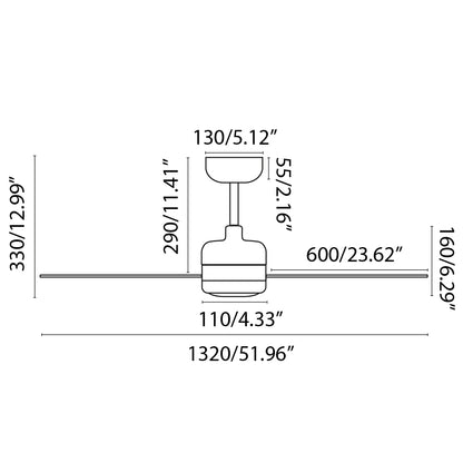 Diagrama de medidas del ventilador de techo con luz LED NUU L blanco mate FARO 33722WW, dimensiones de aspas, altura ajustable para techos inclinados, motor DC de 6 velocidades e iluminación LED integrada