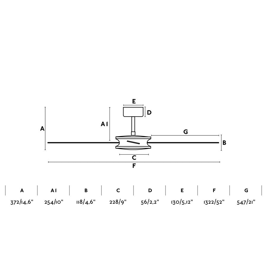 Medidas del ventilador de techo POLEA L Marrón/Nogal FARO 33724, serie 3396: diámetro 152 cm, altura 30 cm, motor DC en madera y acero para techos inclinados, ventilación sin luz para hogar en verano e invierno