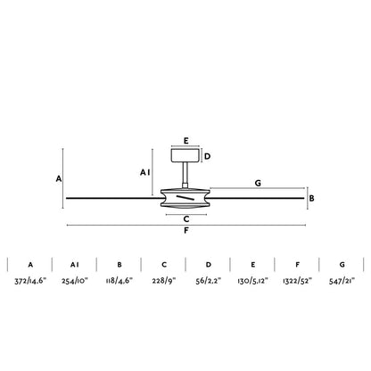 Medidas del ventilador de techo POLEA L Marrón/Nogal FARO 33724, serie 3396: diámetro 152 cm, altura 30 cm, motor DC en madera y acero para techos inclinados, ventilación sin luz para hogar en verano e invierno