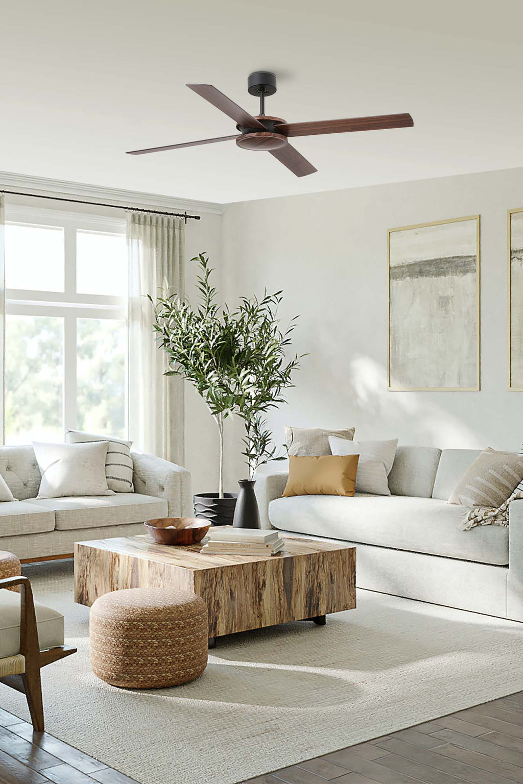 Ventilador de techo Polea L WIZ marrón FARO 33724WW en ambiente acogedor, motor DC con 6 velocidades, función inversa, mando a distancia, ventilación sin luz en estilo nogal