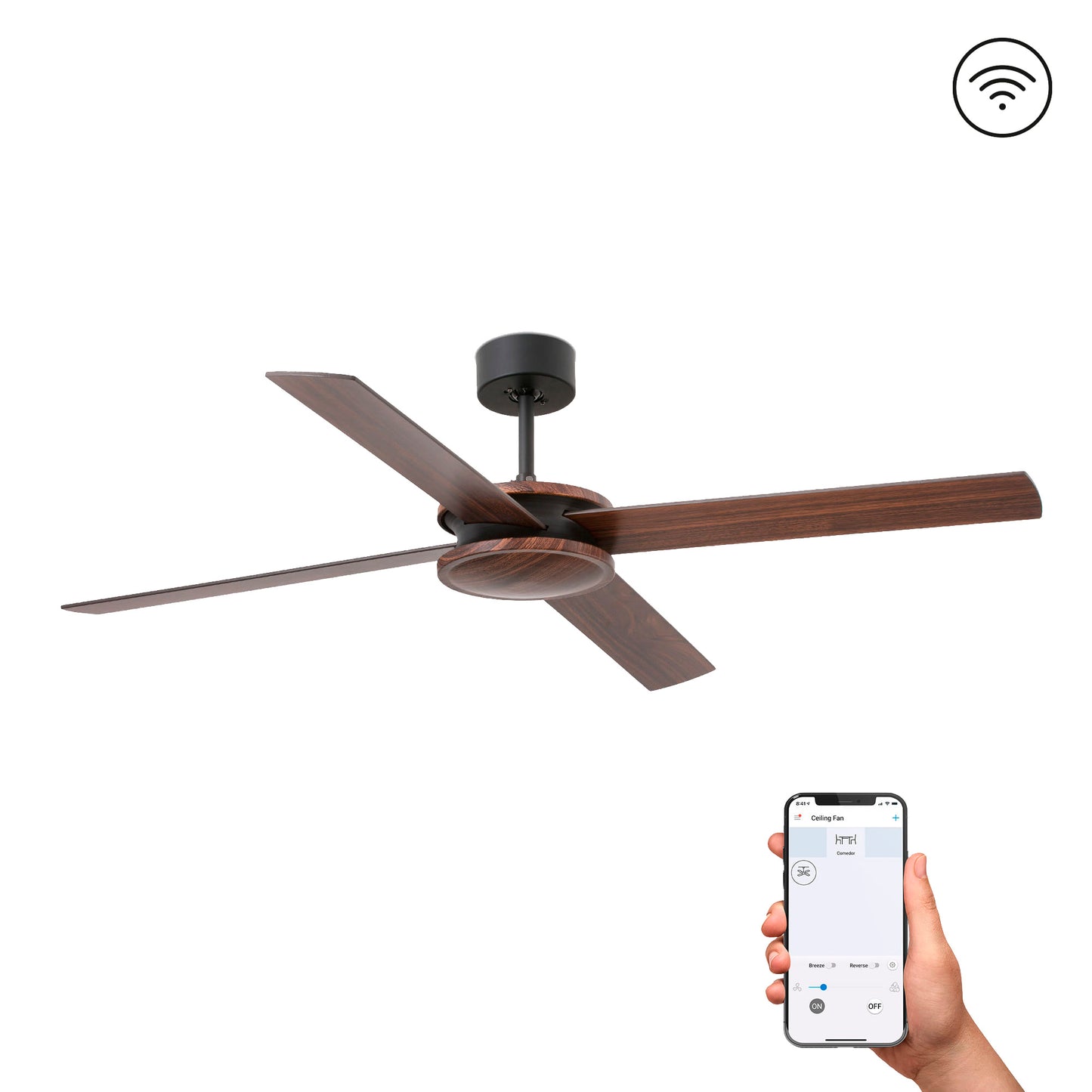 Ventilador de techo Polea L WIZ marrón FARO 33724WW, ventilación sin luz, motor DC, 6 velocidades, función inversa, mando a distancia, acabado nogal