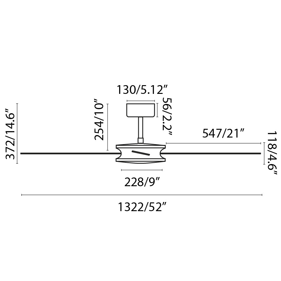 Medidas y dimensiones del ventilador de techo Polea L WIZ marrón FARO 33724WW, motor DC, 6 velocidades, función inversa y mando a distancia