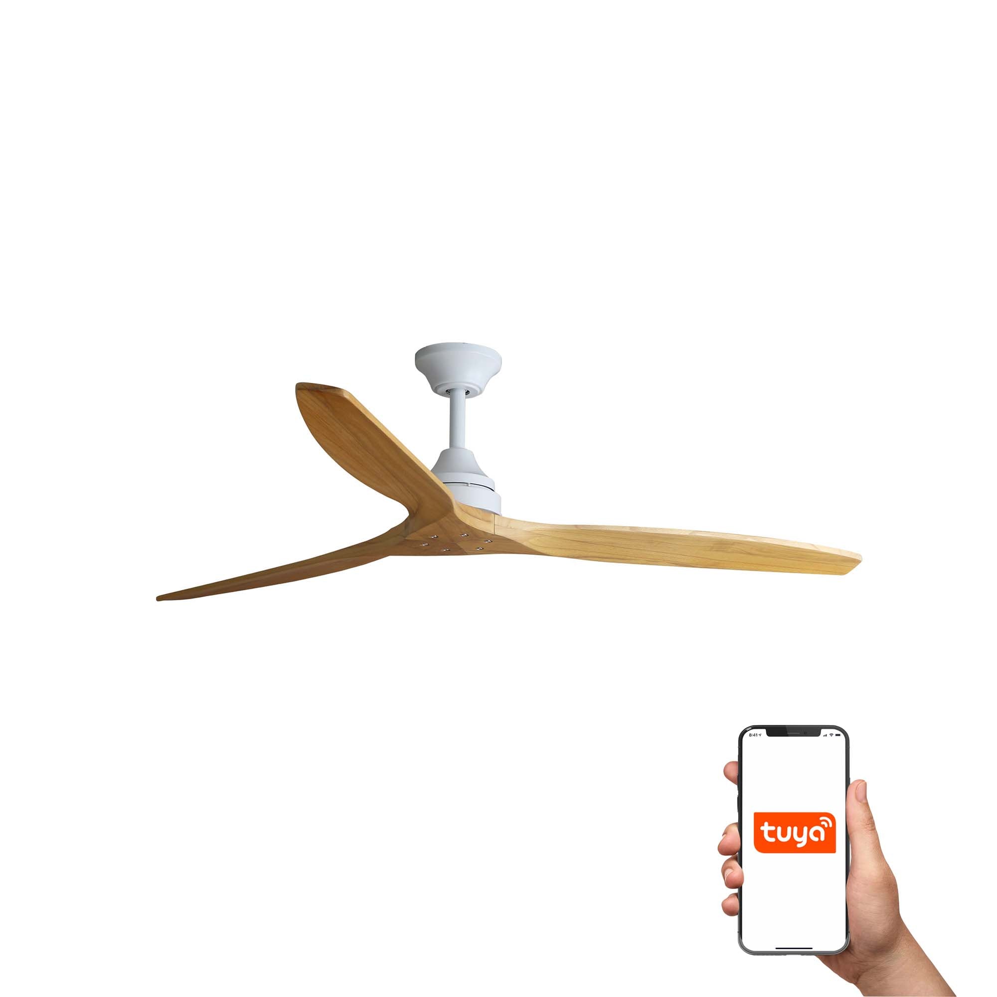 Ventilador de techo ALO L blanco y pino FARO 33728DCWT, smart Tuya con motor DC y madera FSC para ventilación en hogar inteligente