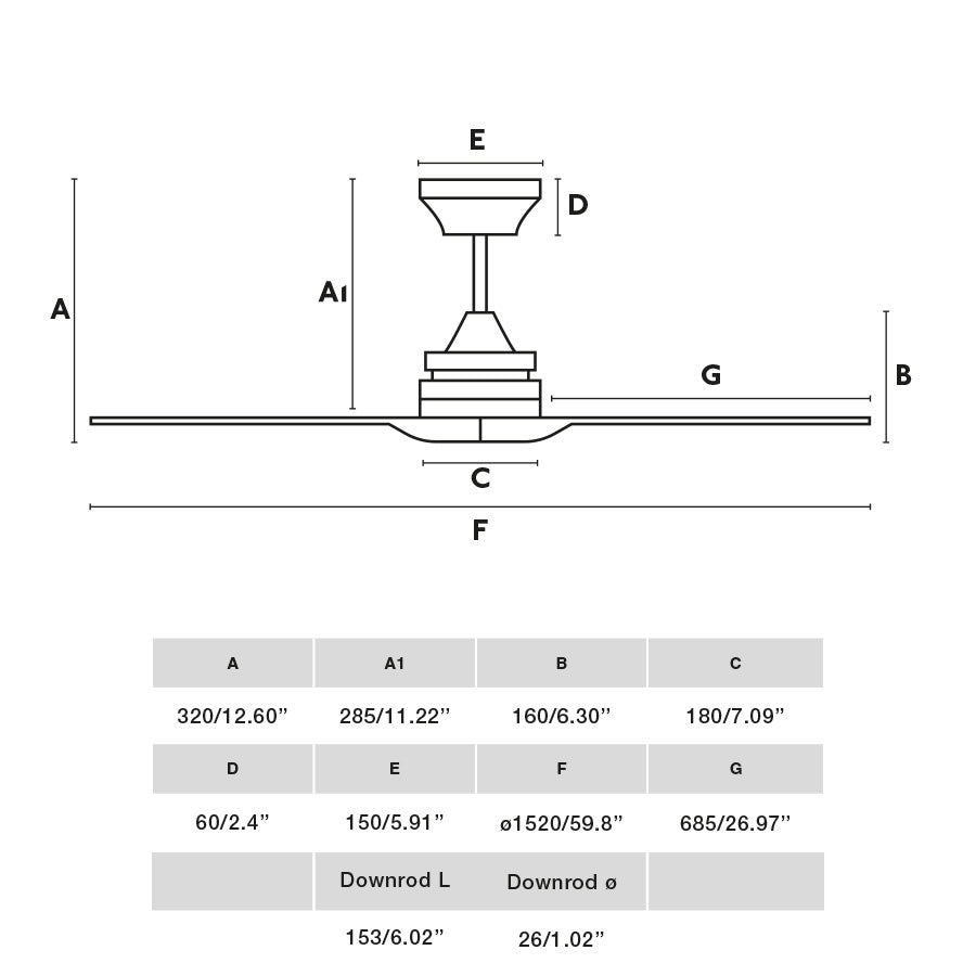 Diagrama de medidas y dimensiones del ventilador de techo ALO L blanco y pino FARO 33728DCWT, ventilación smart TUYA, motor DC, madera FSC para hogar inteligente