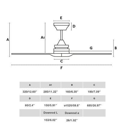 Medidas del ventilador de techo ALO L Blanco Mate/Pino FARO 33728DCWW, motor DC con 6 velocidades, función inversa para techos inclinados, ventilación hogar eficiente