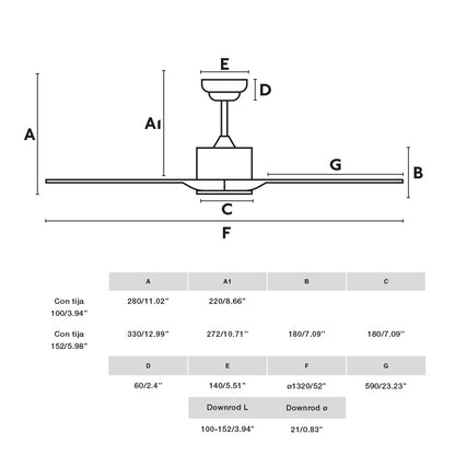 Medidas detalladas del ventilador de techo LUZON L Blanco Mate WIZ de FARO (modelo 33750DCWW) con motor DC, 6 velocidades, función inversa y diseño para techos inclinados