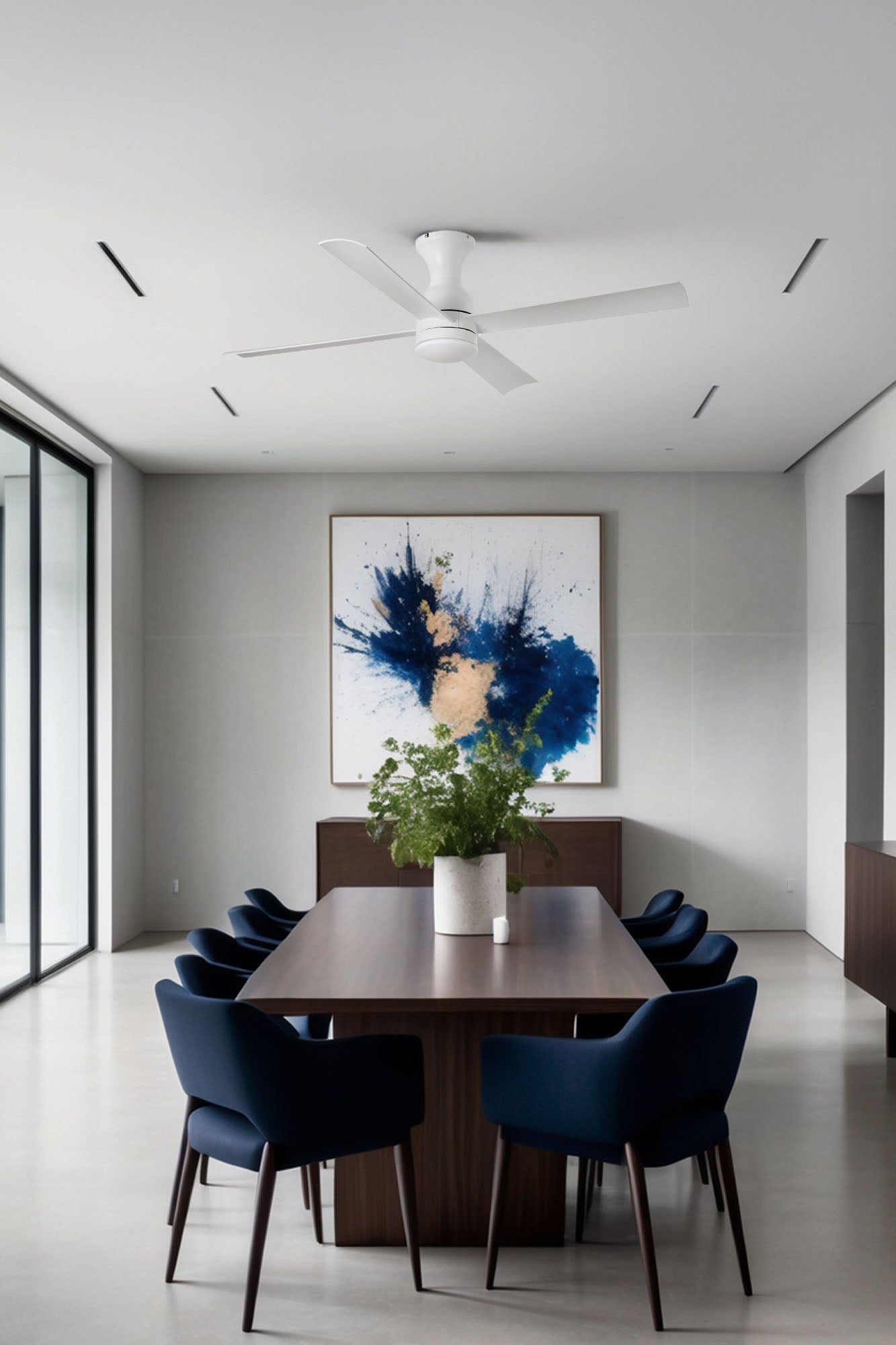 Ventilador de techo LED FRASER XL blanco mate con luz integrada y control Tuya Smart en ambiente hogareño, modelo FARO 33756WT para ventilación inteligente.