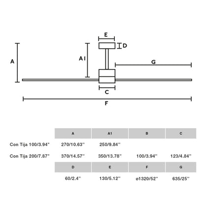 Ventilador de techo AMELIA blanco mate FARO 33760 con medidas detalladas: diámetro de aspas 132 cm, altura total 28 cm, apto para techos inclinados hasta 15 grados, incluye mando a distancia y función inversa para ventilación interior sin luz.