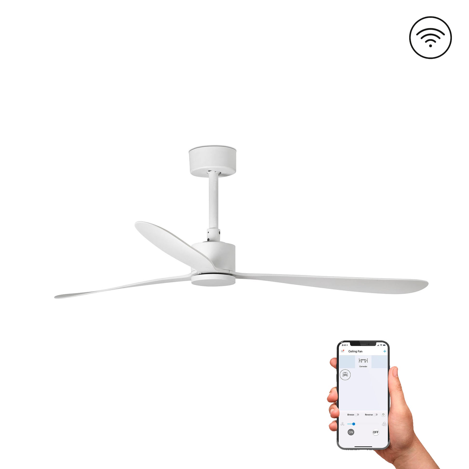 Ventilador de techo Amelia L blanco mate WIZ FARO 33760WW, motor DC sin luz, 6 velocidades reversible con mando a distancia para techos inclinados y ventilación eficiente.