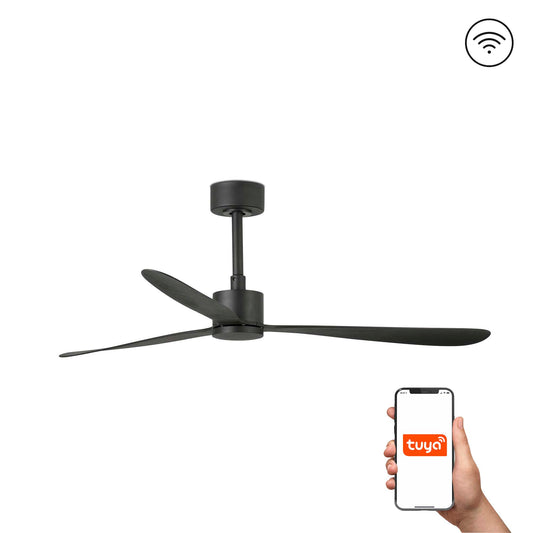 Ventilador de techo AMELIA L negro mate TUYA de FARO modelo 33761WT, diseño orgánico sin luz, motor DC inteligente para hogar ventilado