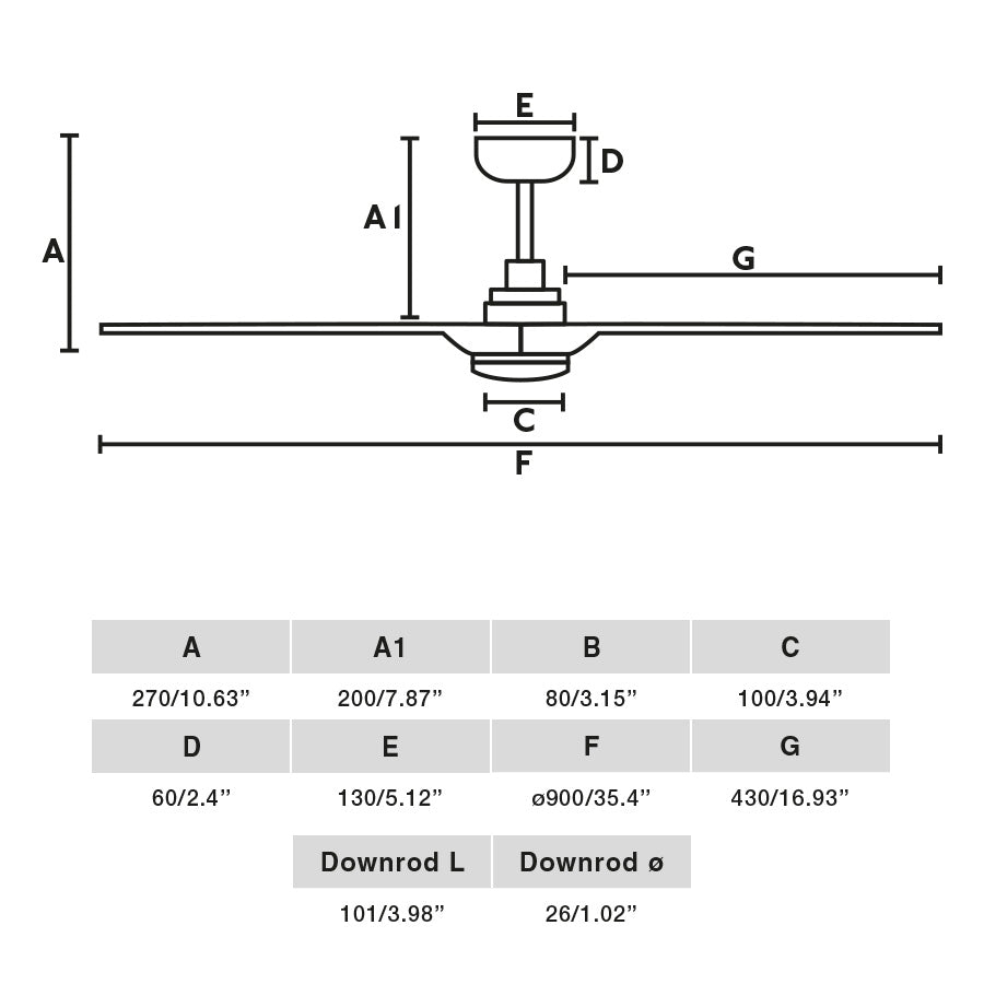 Diagrama de medidas del ventilador de techo LED HEYWOOD S Blanco TUYA FARO 33805WT-1TW, dimensiones de diámetro 132 cm, altura y motor DC regulable para instalación en techos inclinados con ventilación y luz LED smart.