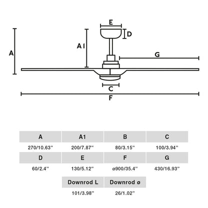 Diagrama de medidas del ventilador de techo LED HEYWOOD S Blanco TUYA FARO 33805WT-1TW, dimensiones de diámetro 132 cm, altura y motor DC regulable para instalación en techos inclinados con ventilación y luz LED smart.